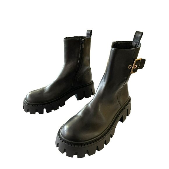 Steve Madden Sameera Black Leather Combat Lug Boots Gold Buckle Sz 9 NEW - Picture 3 of 8